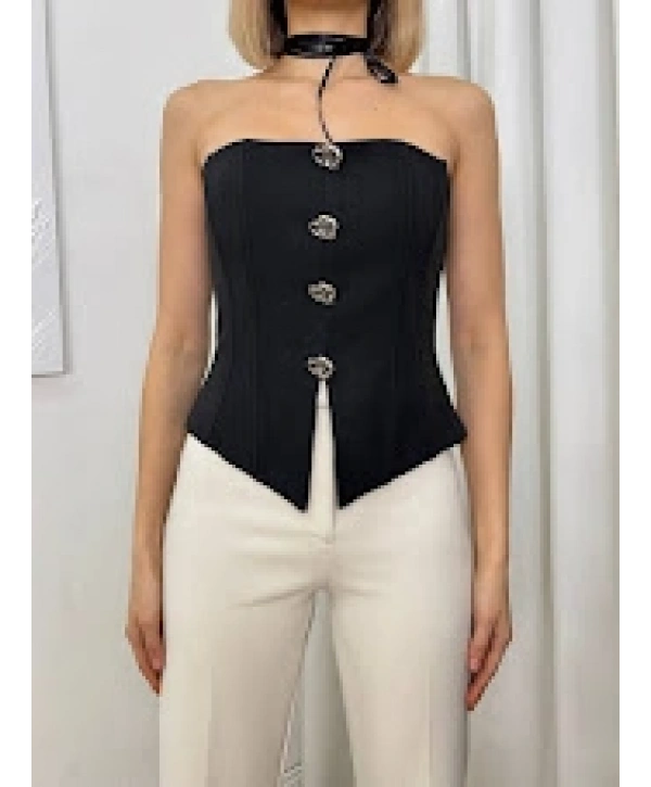 Straplez Düğme Detaylı Crop Bluz