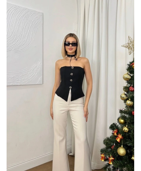 Straplez Düğme Detaylı Crop Bluz