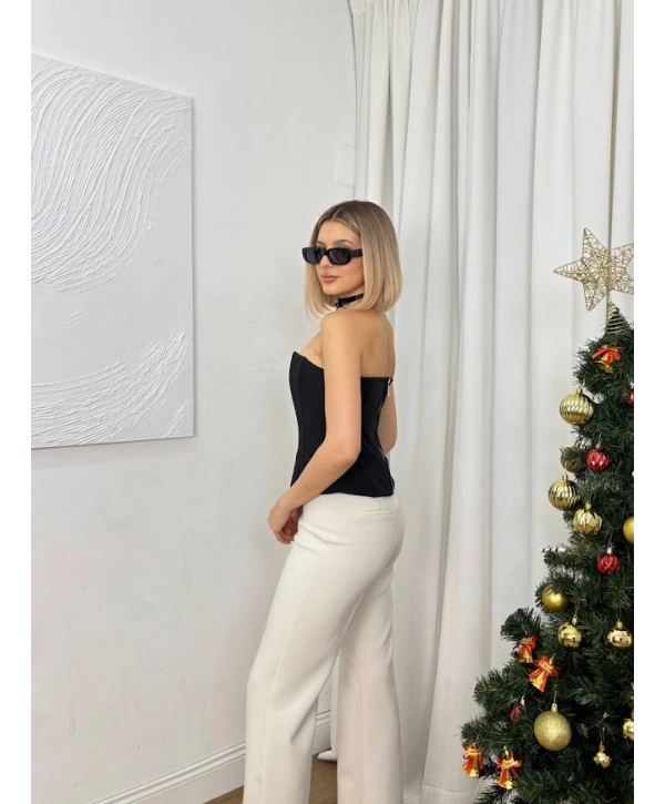 Straplez Düğme Detaylı Crop Bluz