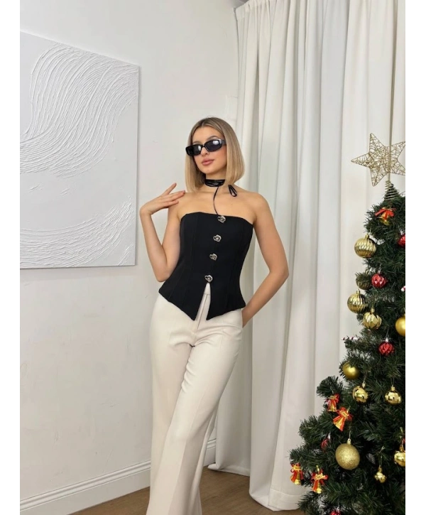 Straplez Düğme Detaylı Crop Bluz