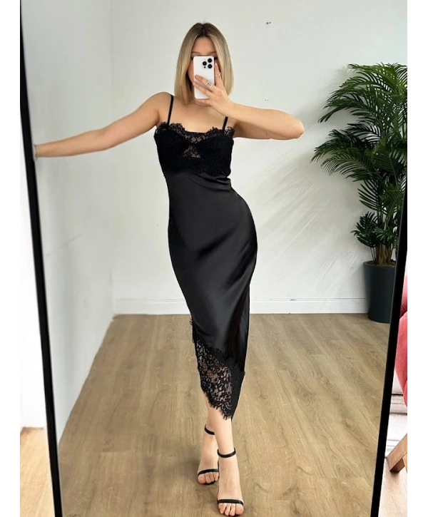 Dantel Detaylı Saten Askılı Midi Elbise