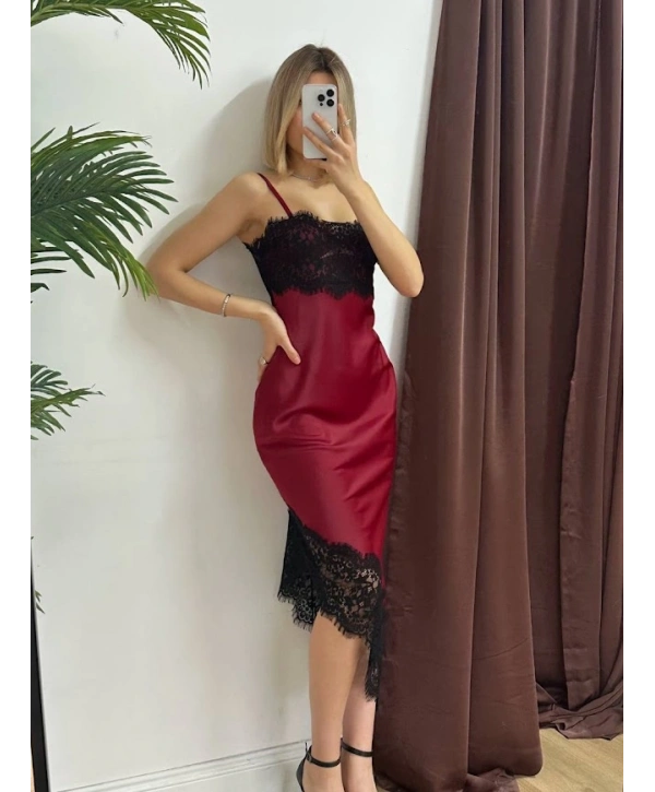 Bordo Dantel Detaylı Saten Askılı Midi Elbise