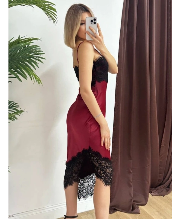Bordo Dantel Detaylı Saten Askılı Midi Elbise