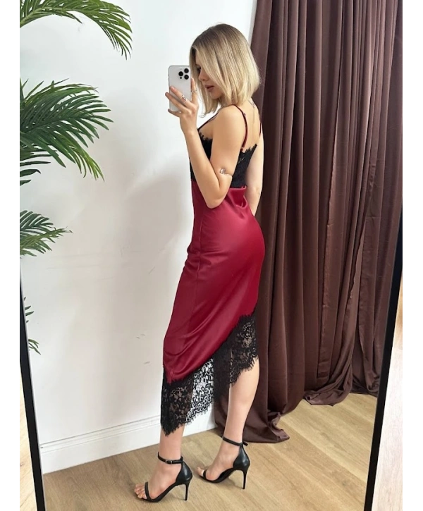 Bordo Dantel Detaylı Saten Askılı Midi Elbise