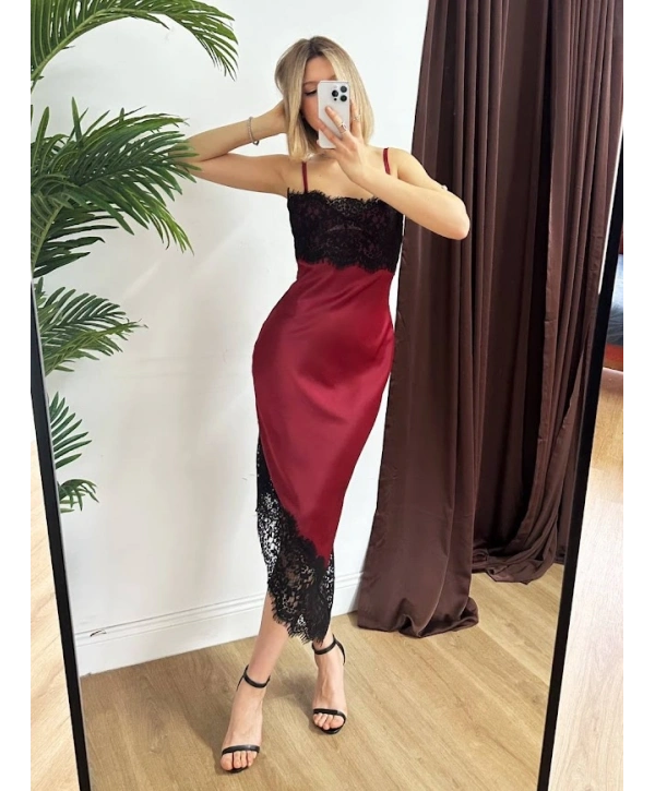 Bordo Dantel Detaylı Saten Askılı Midi Elbise