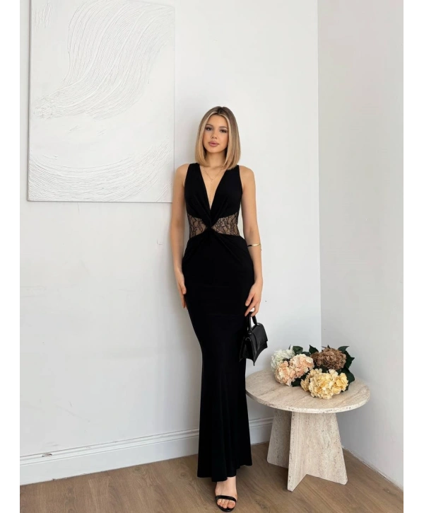 V Yaka Kalın Askılı Bodycone Düğüm Detaylı Elbise