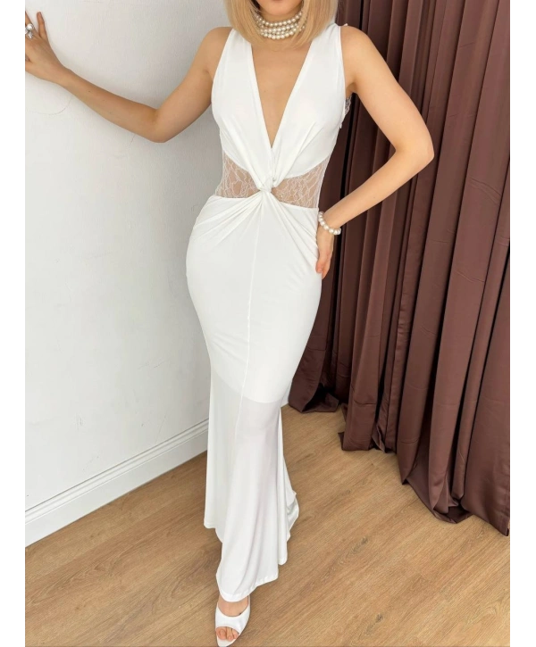 V Yaka Kalın Askılı Bodycone Düğüm Detaylı Elbise