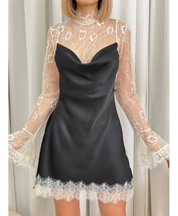 Dantel Kumaş Detaylı Saten Mini Elbise