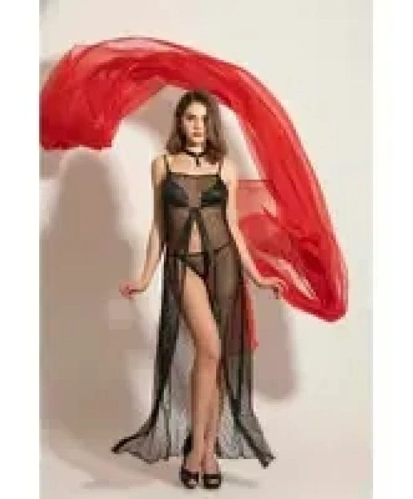 Siyah Fileli Elbise String Fantazi Gecelik Takım 6092