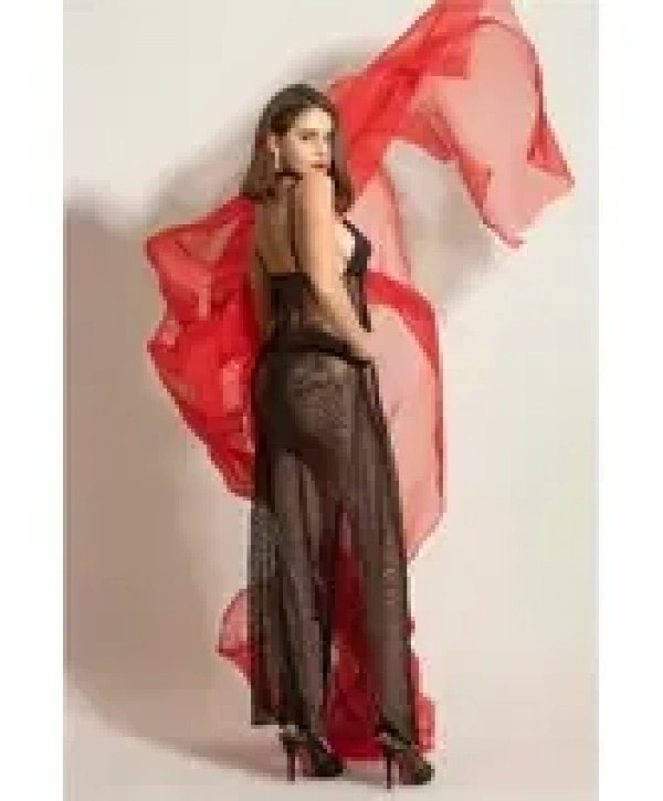 Siyah Fileli Elbise String Fantazi Gecelik Takım 6092