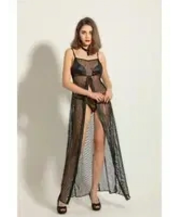 Siyah Fileli Elbise String Fantazi Gecelik Takım 6092