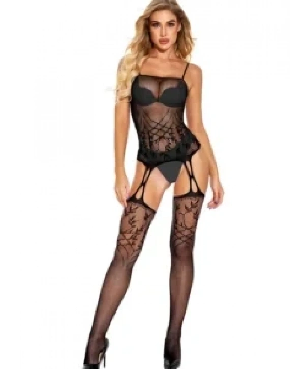 Askılı Desenli Seksi Vücut Çorabı