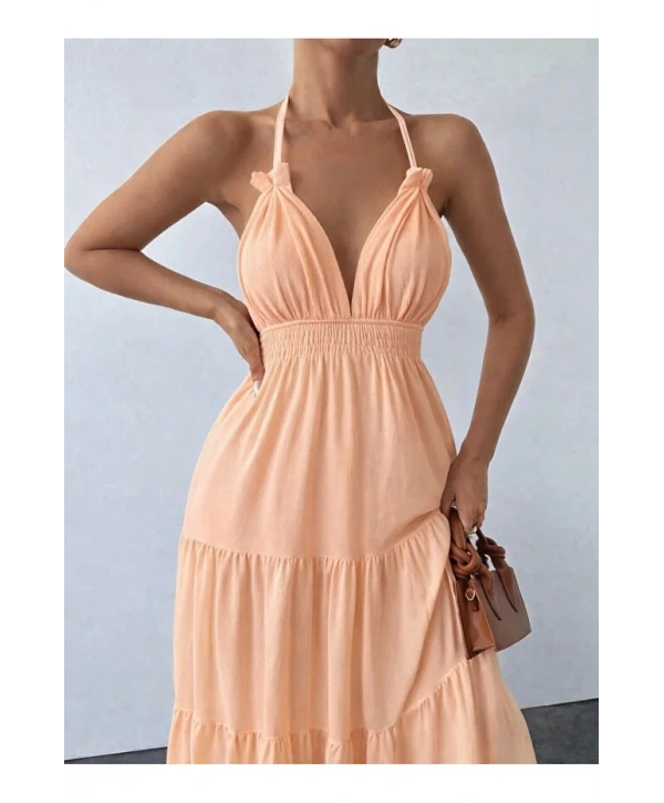 Alesbutik Boyunda Bağlamalı Uzun Elbise
