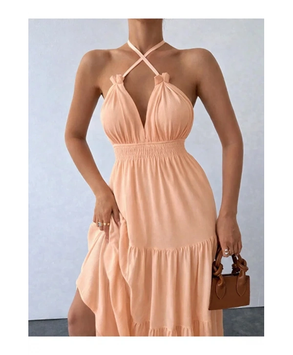 Alesbutik Boyunda Bağlamalı Uzun Elbise