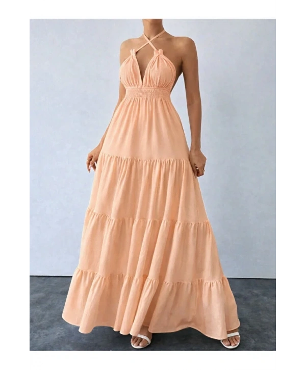Alesbutik Boyunda Bağlamalı Uzun Elbise