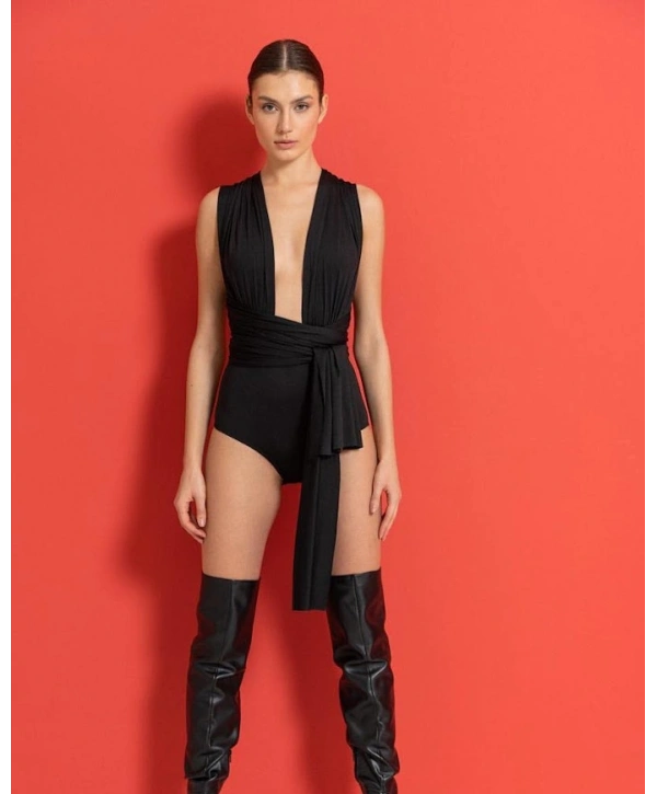 Alesbutik, Derin V Yaka ve Belden Kuşaklı Bodysuit, 24473