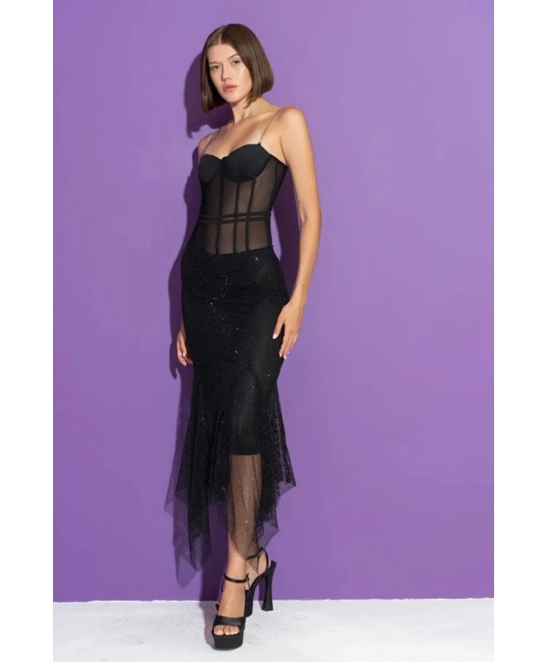 Taş Askılı Siyah Tül Bodysuit 28623