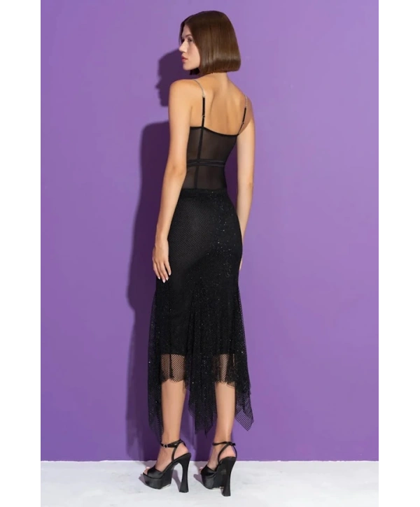 Taş Askılı Siyah Tül Bodysuit 28623