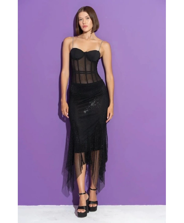 Taş Askılı Siyah Tül Bodysuit 28623