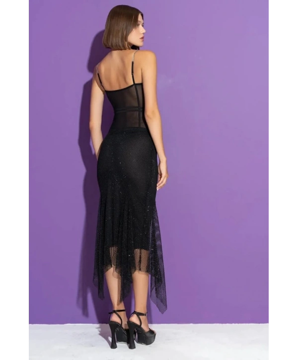 Taş Askılı Siyah Tül Bodysuit 28623