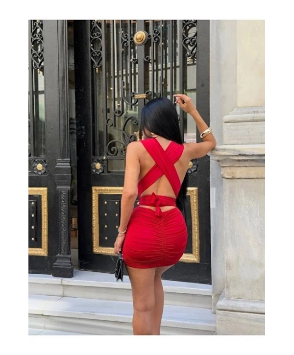 Alesbutik Kırmızı Bağlamalı Elbise