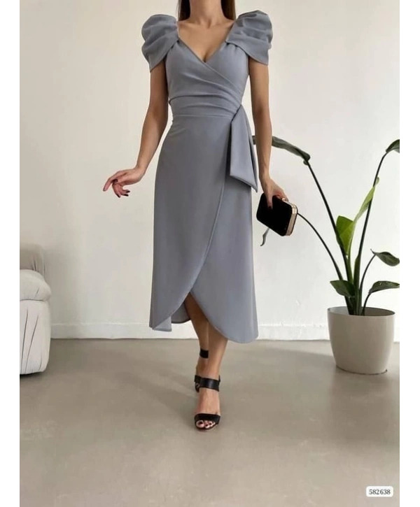 ALES BUTİK BALON KOLLU YIRTMAÇLI KREP ELBİSE