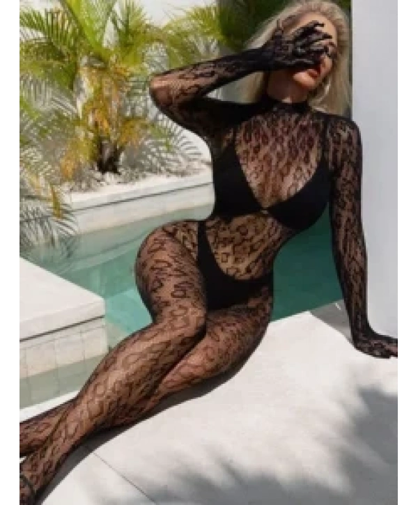 Desenli Transparan Eldivenli Vücut Çorabı