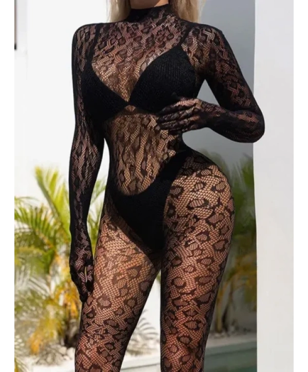 Desenli Transparan Eldivenli Vücut Çorabı