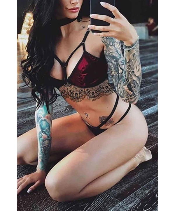 Kadife Sütyen Külot Takım Kırmızı