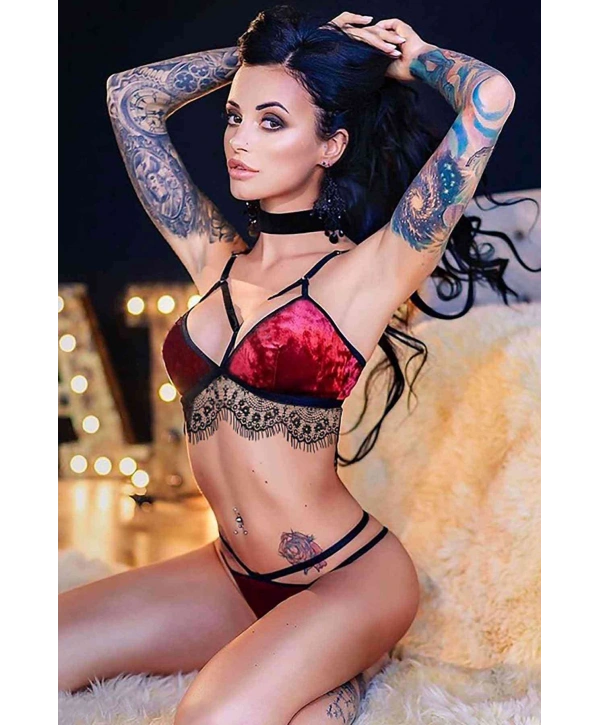 Kadife Sütyen Külot Takım Kırmızı