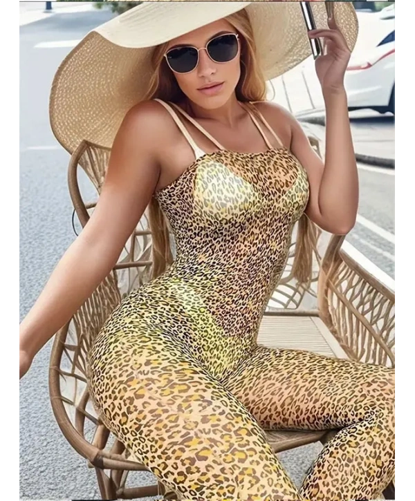 Leopar Desenli Askılı Ağı Açık Seksi Vücut Çorabı