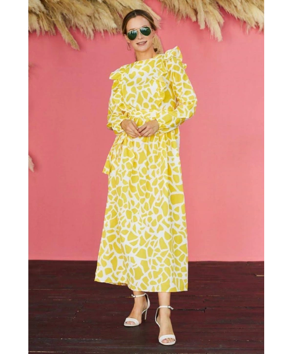 ÖNÜ FIRFIRLI KUŞAKLI ELBİSE