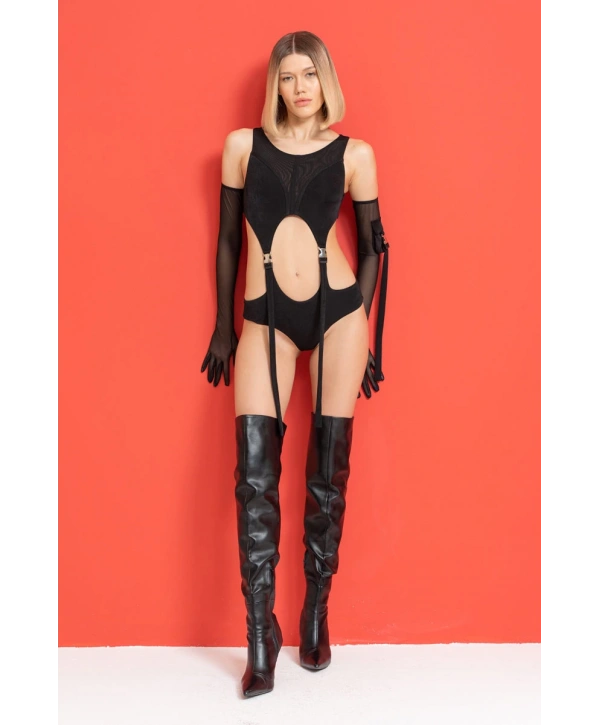 SİYAH CEP DETAY TÜL ELDİVENLİ BODYSUİT