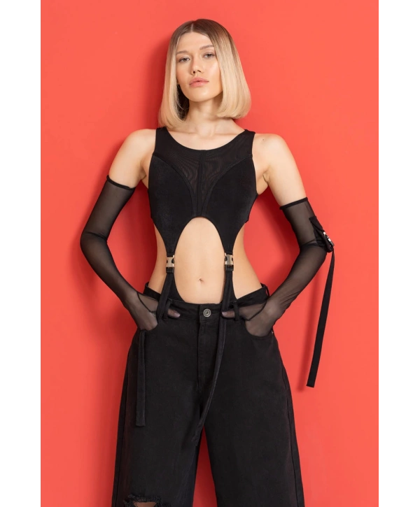 SİYAH CEP DETAY TÜL ELDİVENLİ BODYSUİT