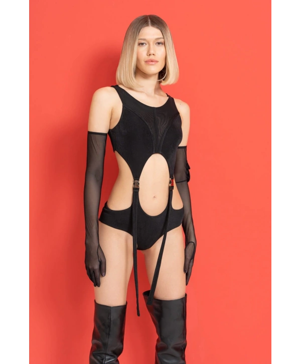 SİYAH CEP DETAY TÜL ELDİVENLİ BODYSUİT