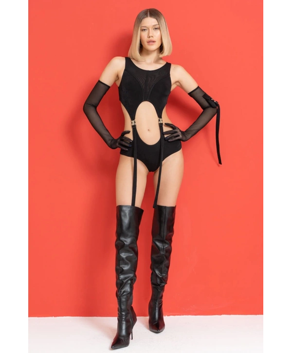 SİYAH CEP DETAY TÜL ELDİVENLİ BODYSUİT
