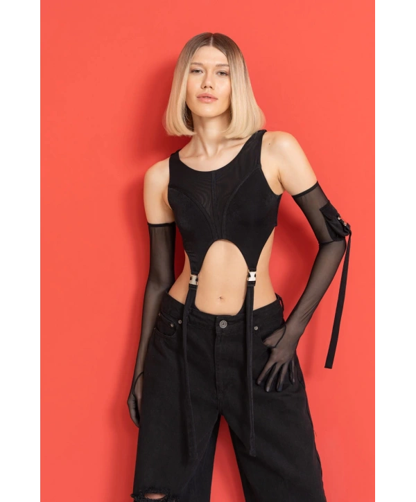 SİYAH CEP DETAY TÜL ELDİVENLİ BODYSUİT
