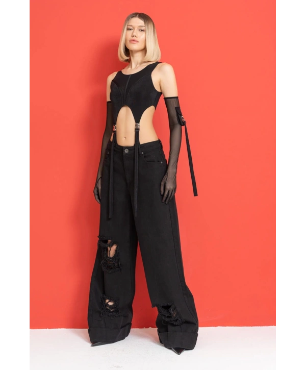 SİYAH CEP DETAY TÜL ELDİVENLİ BODYSUİT