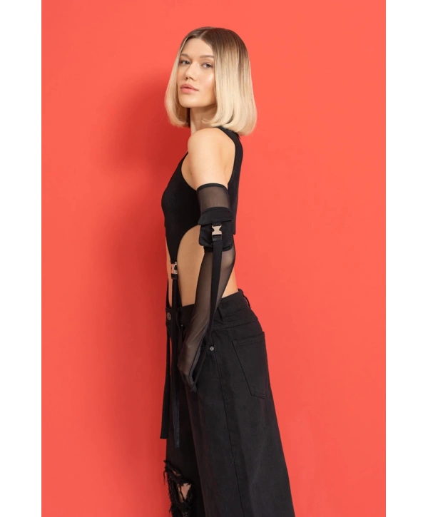 SİYAH CEP DETAY TÜL ELDİVENLİ BODYSUİT