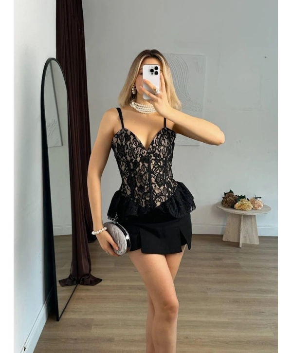 Siyah Dantel Corset Bluz