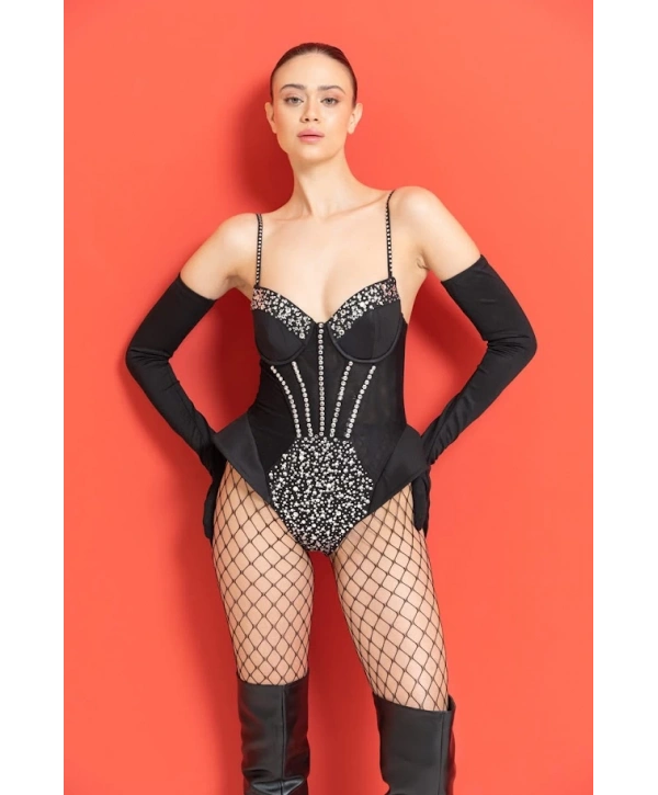 Siyah Eldiven Detaylı Askılı Taşlı Bodysuit