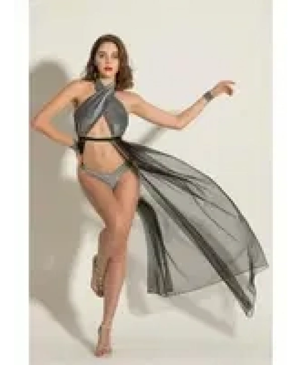 Siyah Simli Transparan Elbise String ve Bileklik 6062