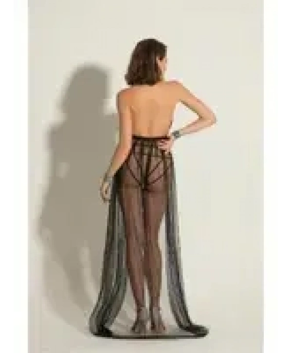 Siyah Simli Transparan Elbise String ve Bileklik 6062