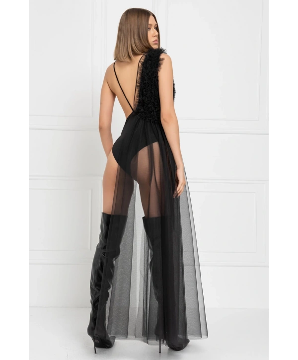 Siyah Tül Detaylı Askılı Bodysuit