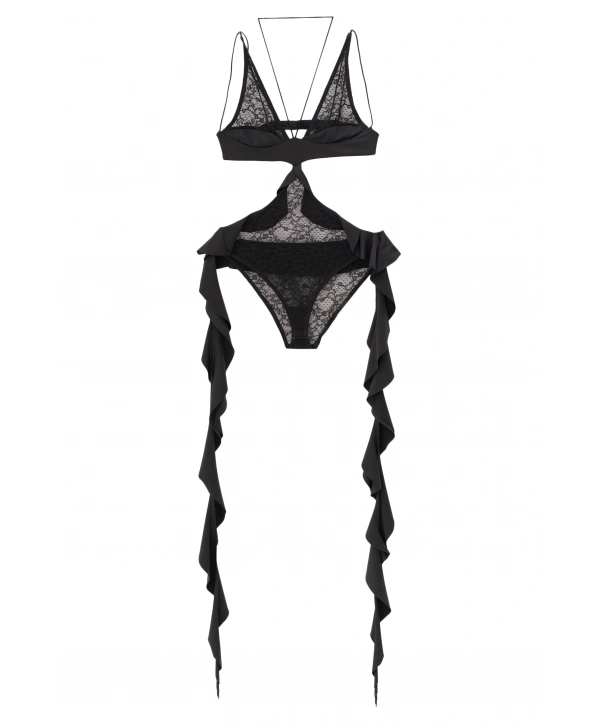 Siyah Volan Detaylı Dantelli Bodysuit 102433