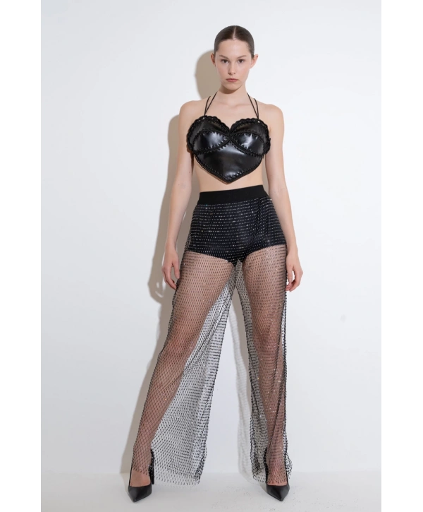 TAŞ APLİKELİ SİYAH FİLE PANTOLON