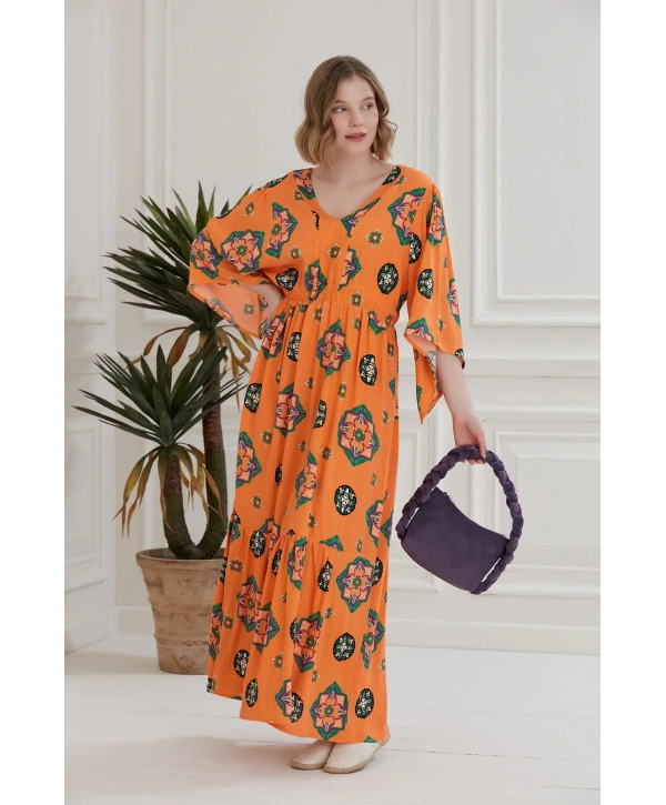 V Yaka Desenli Uzun Neva Elbise