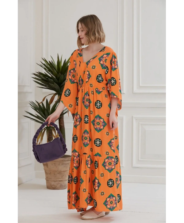 V Yaka Desenli Uzun Neva Elbise