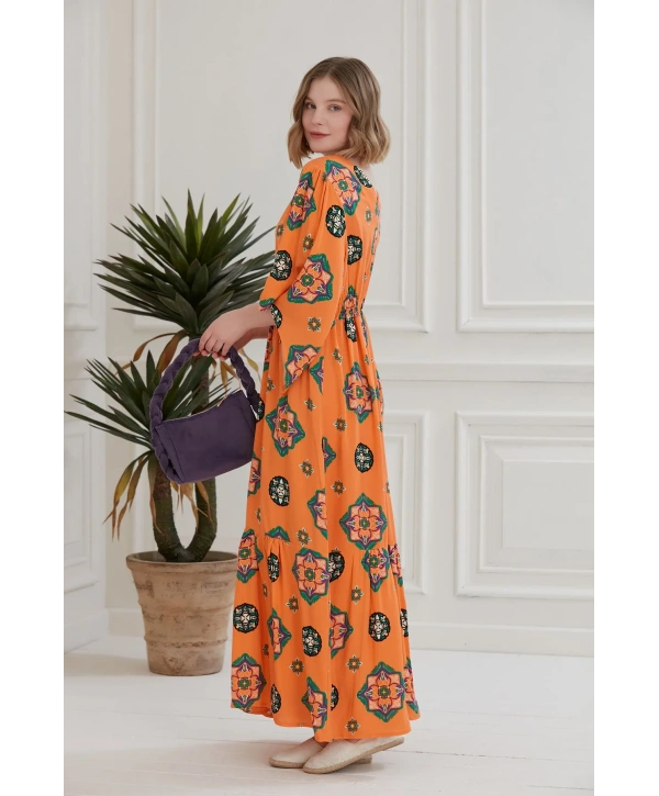 V Yaka Desenli Uzun Neva Elbise