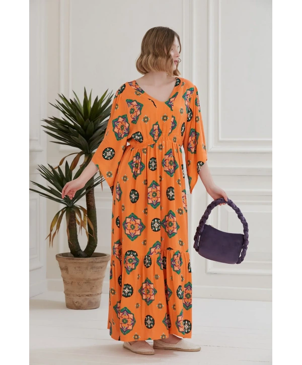 V Yaka Desenli Uzun Neva Elbise